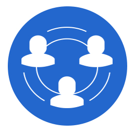 Blue circule with illustrations of white figures indicating people/team/connectivity