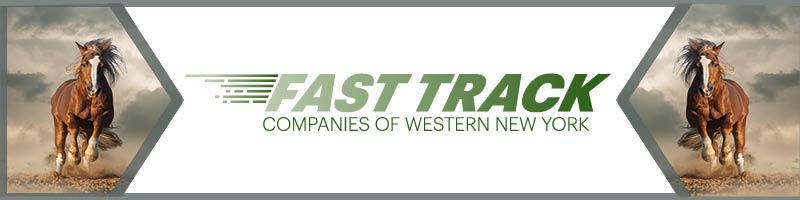 header showing running horses, indicating speed. Text stating Fast Track Companies of WNY