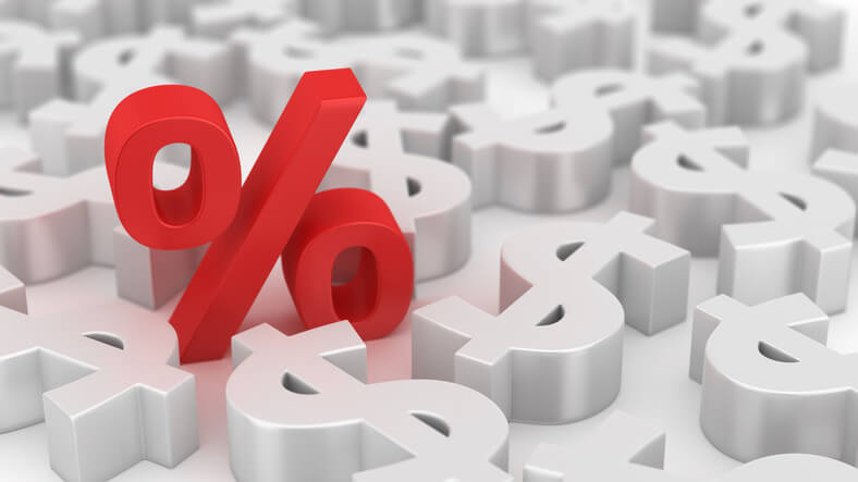 Single red percent symbol among many dollars