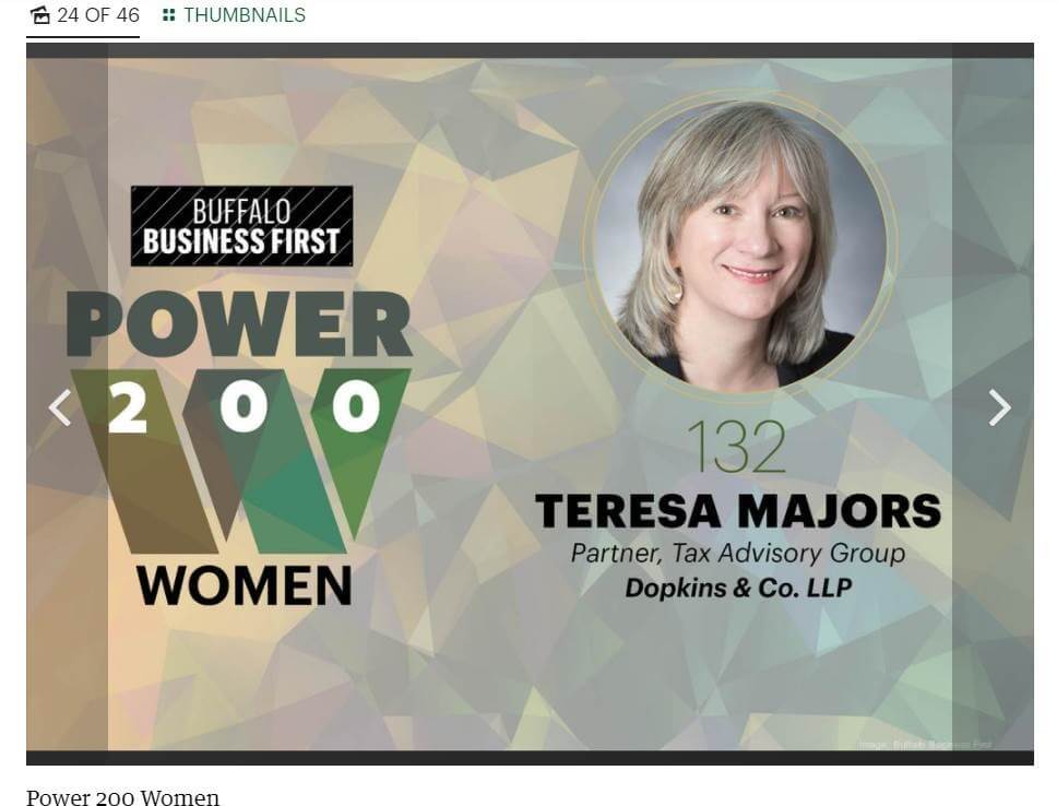 Photo of Teresa Majors and Business First logo announcing her ranking (132) in the Power Women 200 for 2021