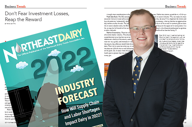 photo of Ryan Smith standing in front of a screen shot of his article "Don't Fear Investment Losses, reap the Reward" as featured in NorthEast Dairy Magazine