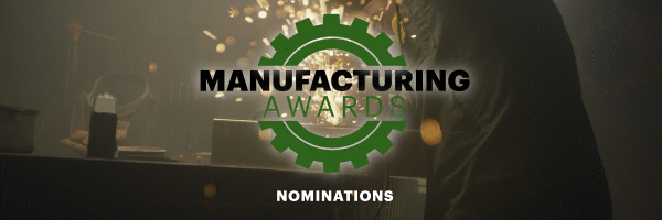 animated image of welding/spakers and the words Manufacturing Awards over it with a drawing of a gear