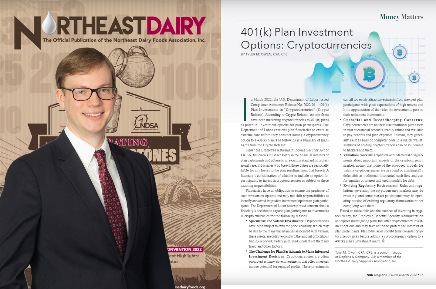 Cover of NorthEast Dairy Magazine, portrait of Tyler Owen and image of his article entitled: 401(k) Plan Investment Options: Cryptocurrencies