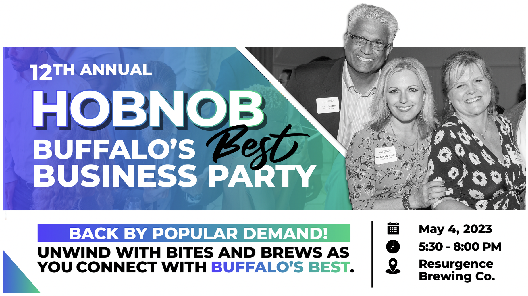 Image of 3 people and text that says 12th Annual HobBob Buffalo's Best Business Party along with May 4th, 5:30-8:00 PM venue at Resurgence Brewing Co. Back by Popular Demand,unwinde with bites and brews as you connect with Buffalo's Best