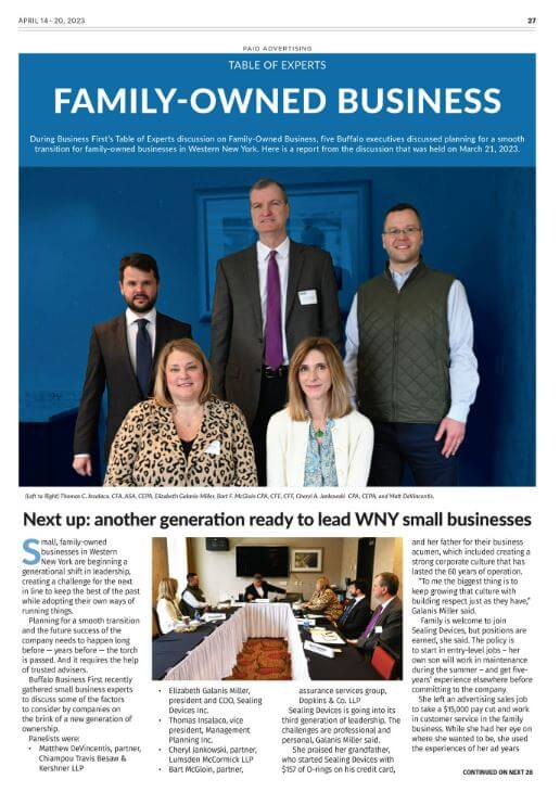 Tuhmbnail image of the Business First article, title at top says FamilypOwned Business, group photo of the panel, and then small text leading into the article as displayed on this webpage