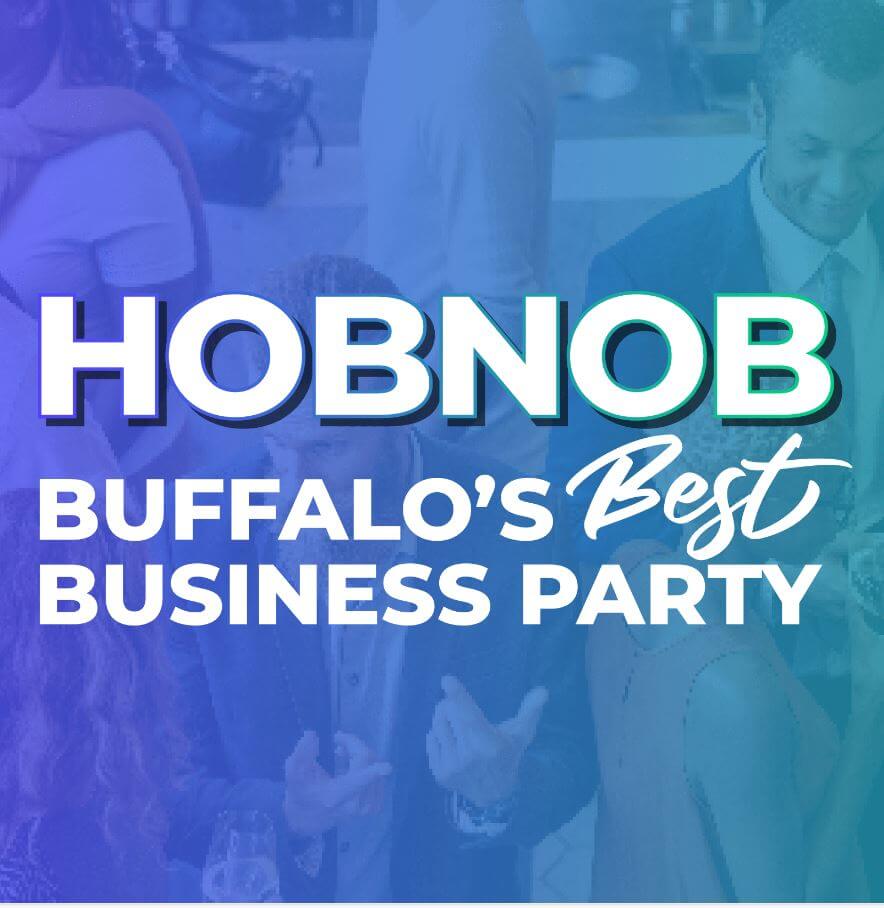 blue green image with text that says HobNob Buffalo's Best Business Party